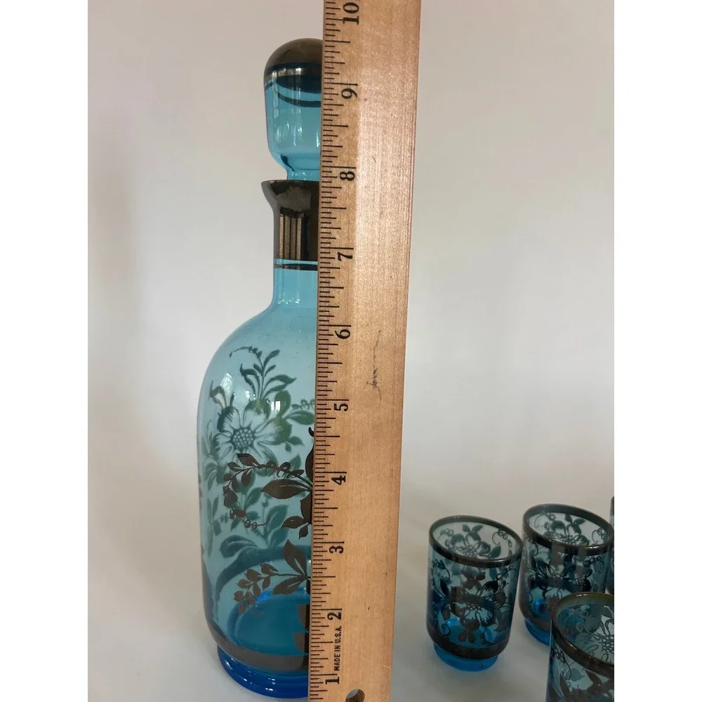 Vintage Murano Blue Art Glass Decanter 6 Shot Glasses Set Floral MCM‎